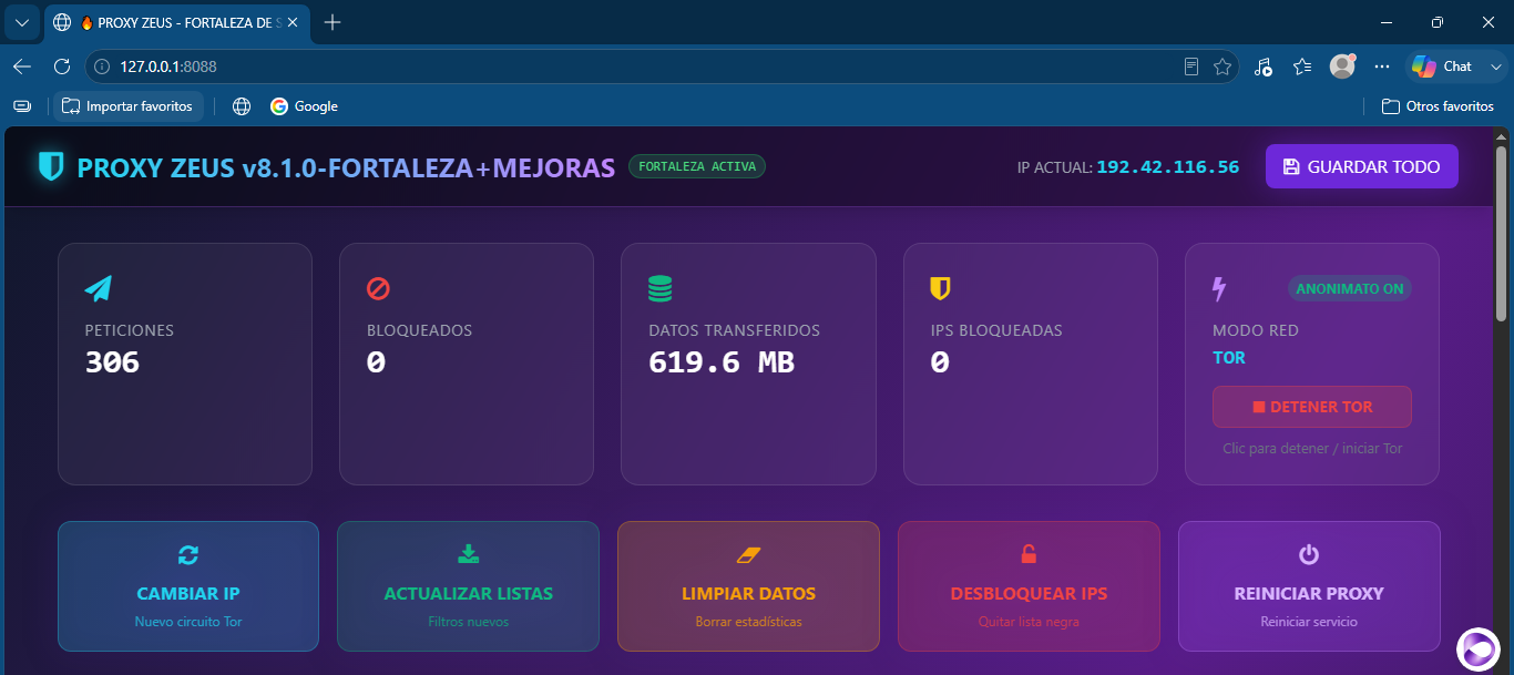 Panel principal de Proxy Zeus